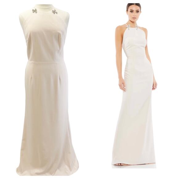 NEW‎ IEENA For Mac Duggal Womens 14 Bow Halter Criss-Cross Column Gown Blush - Picture 1 of 16
